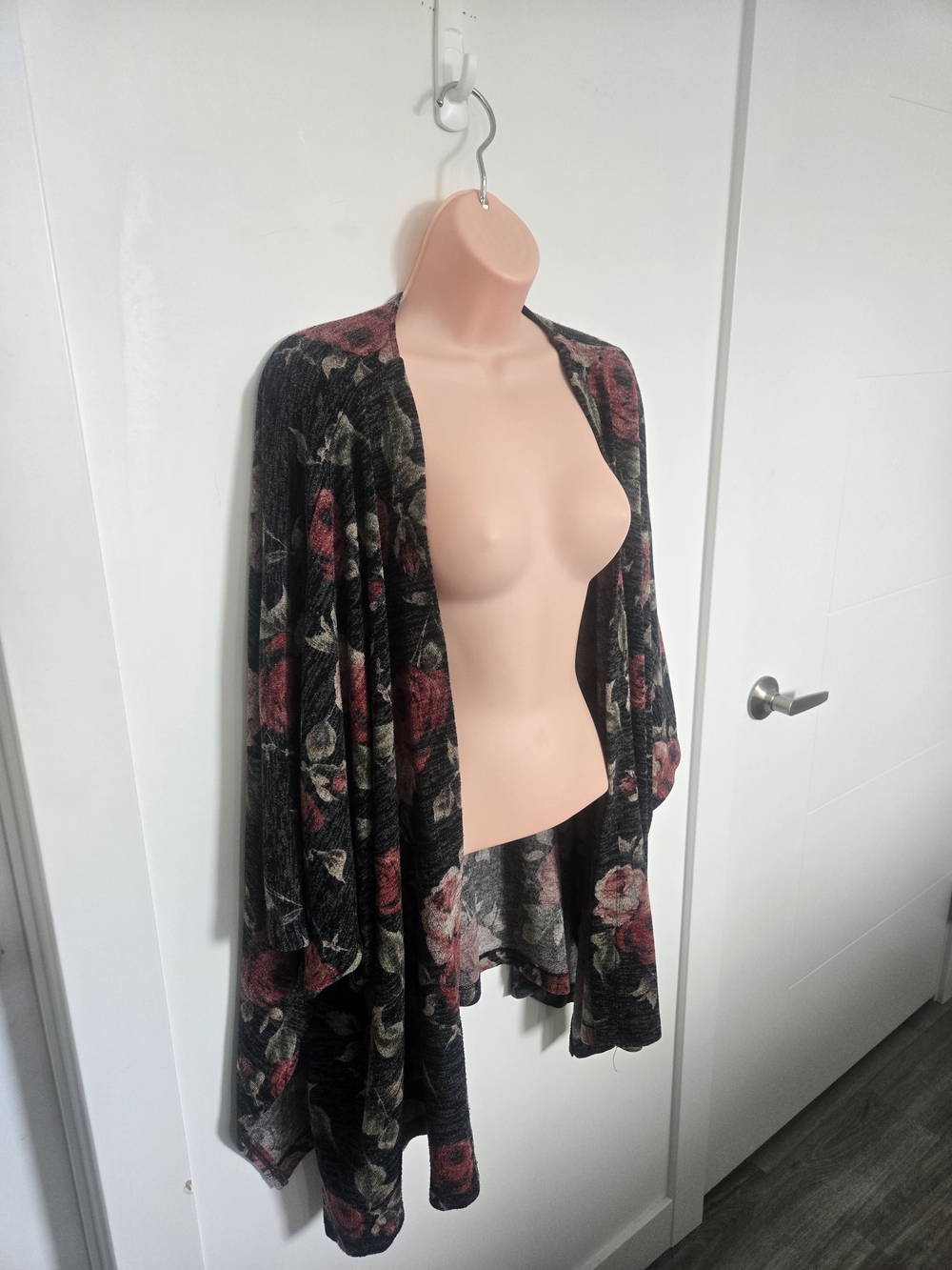 Audrey 3+1 Black Floral Draped Open Cardigan with Rose Accents